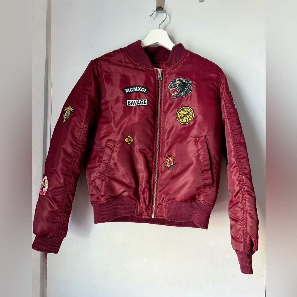 Salvage Burgundy Patch Bomber Jacket
